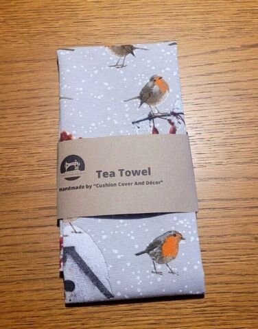 Winter Robin Tea Towel , Robin Grey Tea Towel - CushionCoverAndDecor