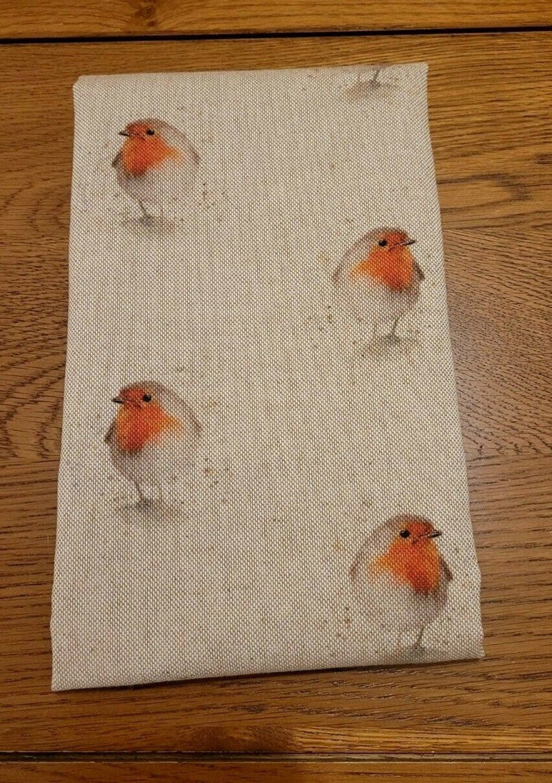 Christmas Robin Tea Towel Natural Beige Cotton Rich Linen Fabric